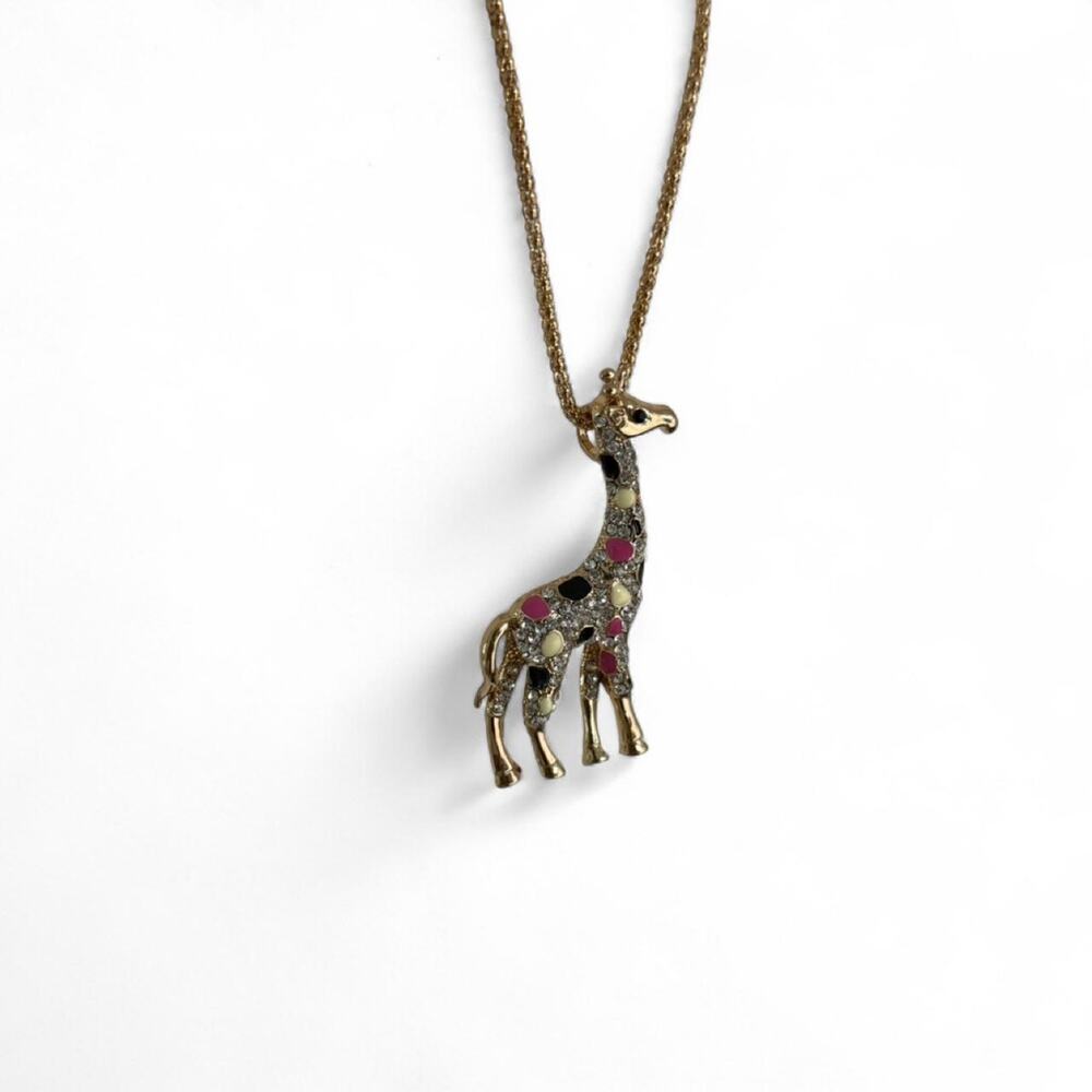 Betsey Johnson Vintage Mcbling Jewlry Giraffe necklace pink yellow rhinestones